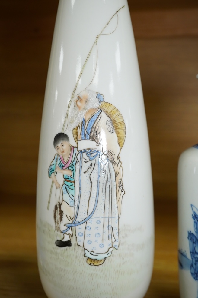 A Chinese blue and white vase and an enamelled figurative porcelain example, tallest enamel vase 29cm high. Condition - good